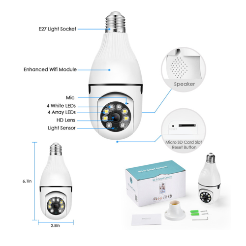 PTZ CCTV Bulb Camera 1080p Wireless Indoor Night Light Vision,Motion Sensor Lights, Two Way Talk